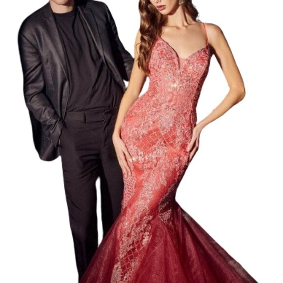 NWT Ladivine CC2279 Glitter Print Tulle Prom Dress Coral size 4 - Picture 1 of 6